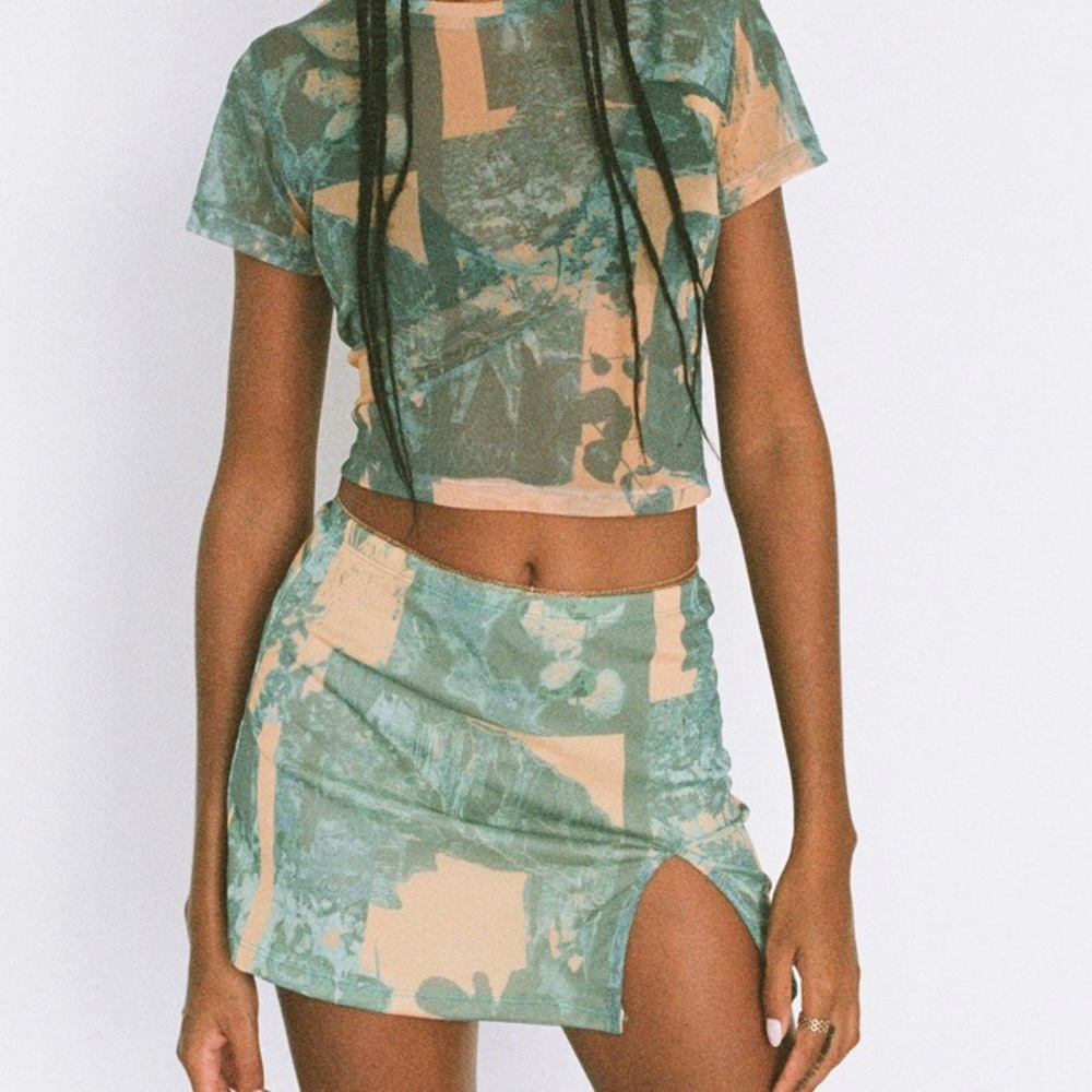 Motel Rocks MOTEL X OLIVIA NEILL PELMA MINI SKIRT IN COLLAGE FLORAL SHADOW GREEN